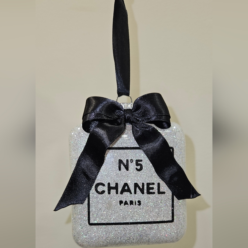 Silver Glitter Ornament with Black Bow - Picture 1 of 2